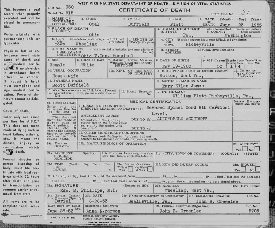 Opal Platt death certificate